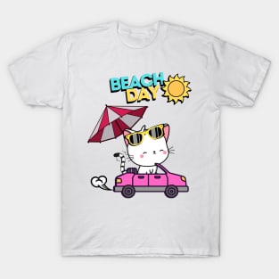 Cute White Angora Cat driving to the beach in summer T-Shirt